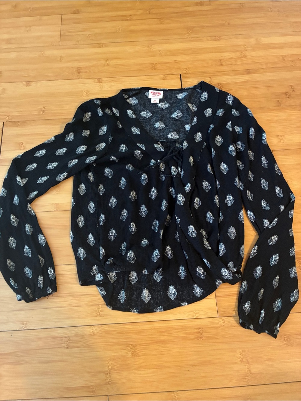 Mossimo Supply Co. Black Paisley Tie-Front Long Sleeve Top